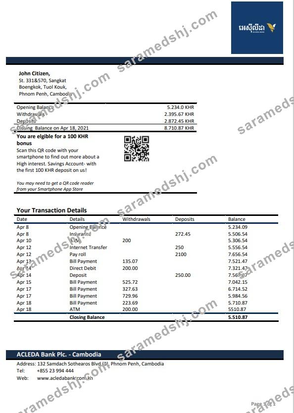 Cambodia Acleda bank statement Word and PDF template